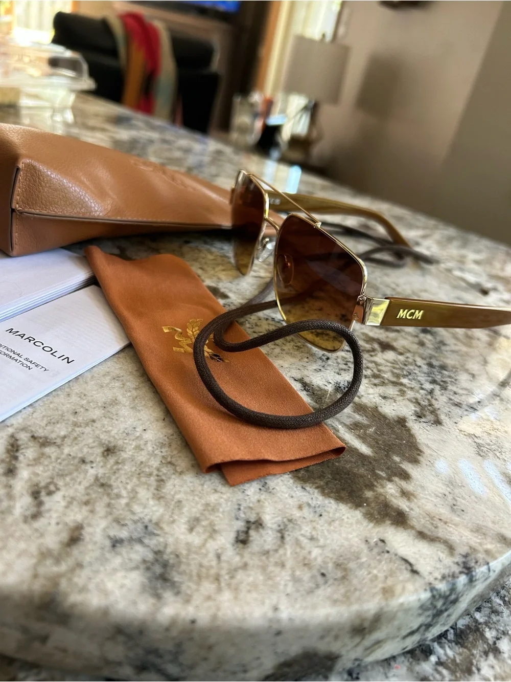 MCM Gold Frame Sunglasses with Brown Lenses and Tan Case